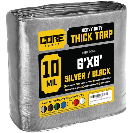 Core Tarps Heavy Duty Tarp, 8 ft L x 0.5 mm H x 6 ft W, 10 Mil, Silver/Black, Polyethylene CT-601-6X8